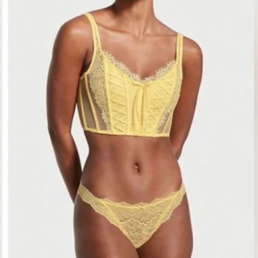 Victorias Secret Dream Angels Lace-up Corset Top Bra & V Thong Panty Set Yellow